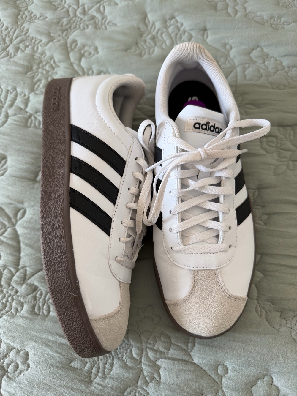adidas White Sneakers with Black Stripes and Brown Sole
